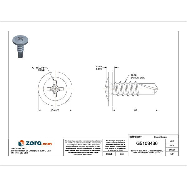 Drywall Screw, #8 x 1/2 in, Steel, Oval Head Phillips Drive, 50 PK