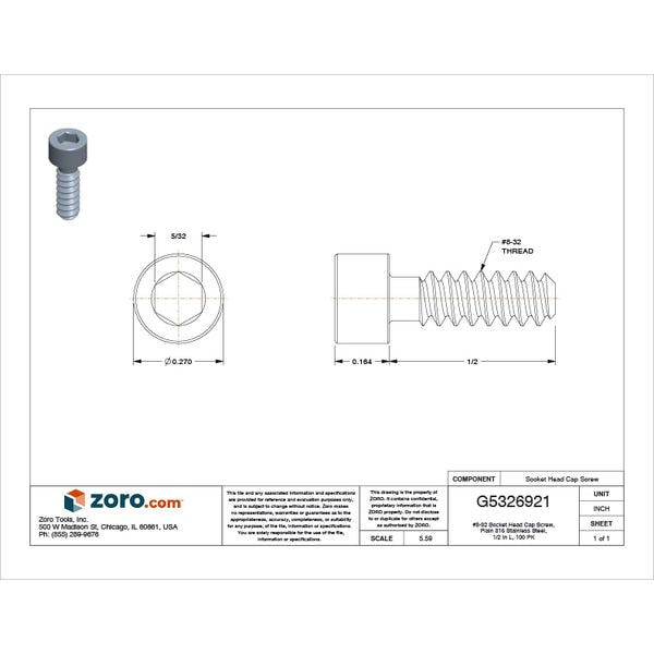#8-32 Socket Head Cap Screw, Plain 316 Stainless Steel, 1/2 in Length, 100 PK