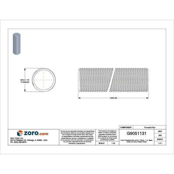 Fully Threaded Rod, M12-1.75mm, 1 m, Steel, Class 4.8, Zinc Plated Finish