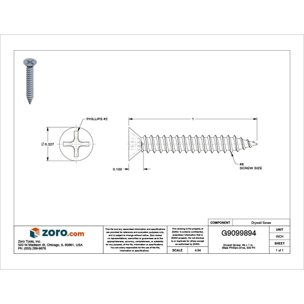 Drywall Screw, #6 x 1 in, Steel, Phillips Drive, 500 PK