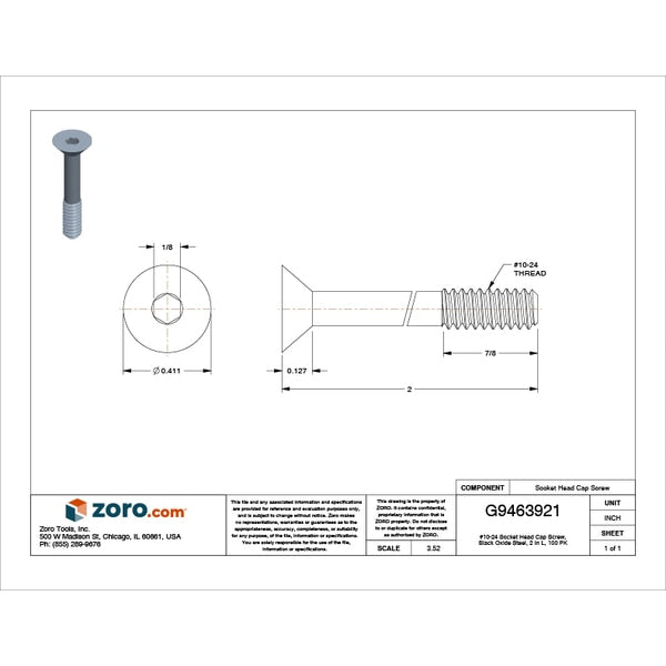 #10-24 Socket Head Cap Screw, Black Oxide Steel, 2 in Length, 100 PK