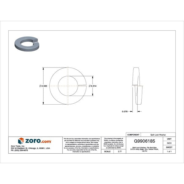 Split Lock Washer, Fits Bolt Size 5/16 in Alloy Steel, Zinc Yellow Finish, 100 PK