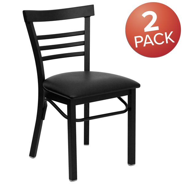 Black Three-Slat Ladder Back Metal Chair, Black Vinyl Seat, PK2
