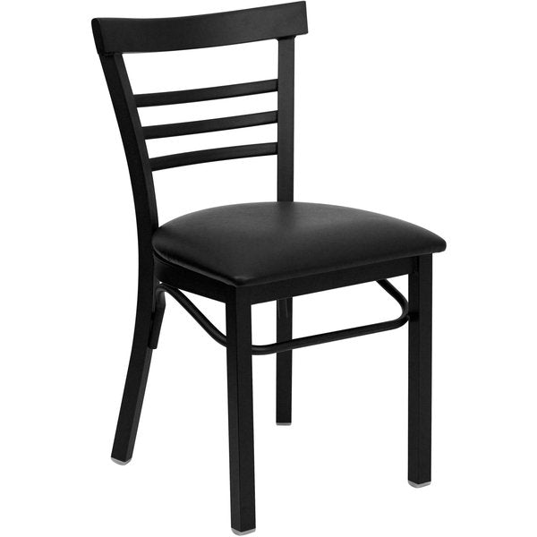 Black Three-Slat Ladder Back Metal Chair, Black Vinyl Seat, PK2