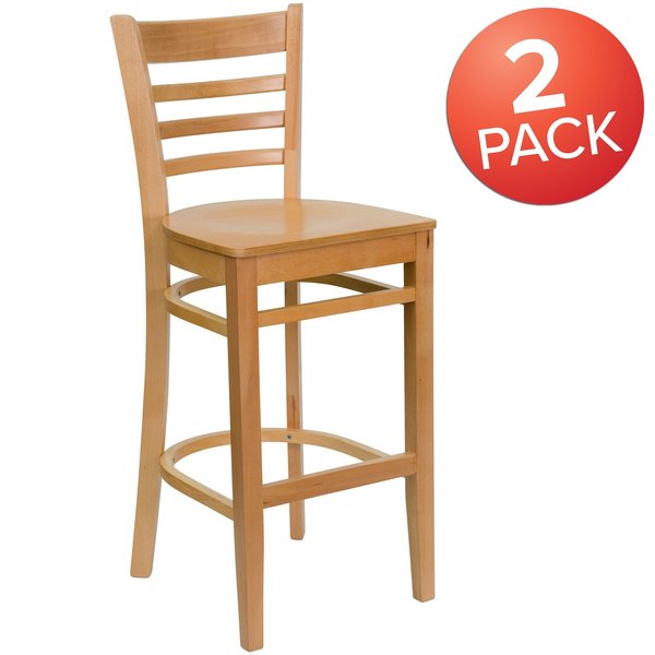 HERCULES Series Ladder Back Natural Wood Restaurant Barstool, PK2