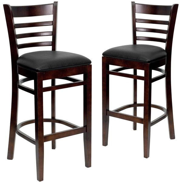 Ladder Back Walnut Wood Restaurant Barstool, Black Vinyl Seat, PK2