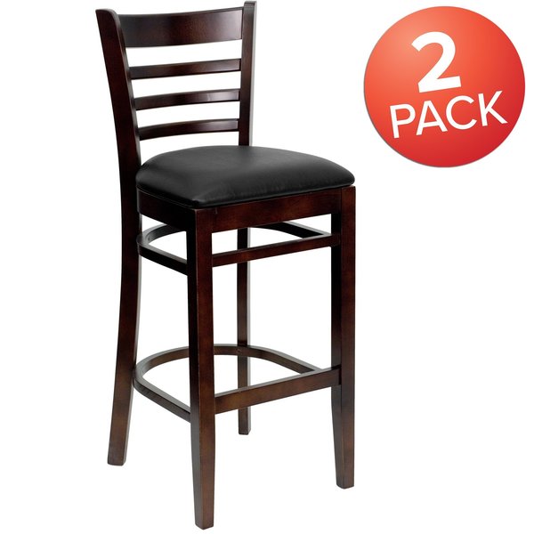 Ladder Back Walnut Wood Restaurant Barstool, Black Vinyl Seat, PK2