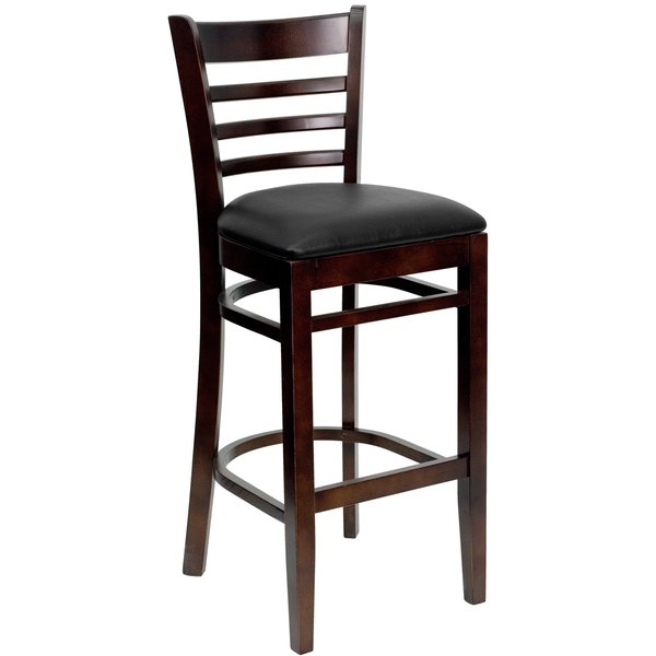 Ladder Back Walnut Wood Restaurant Barstool, Black Vinyl Seat, PK2