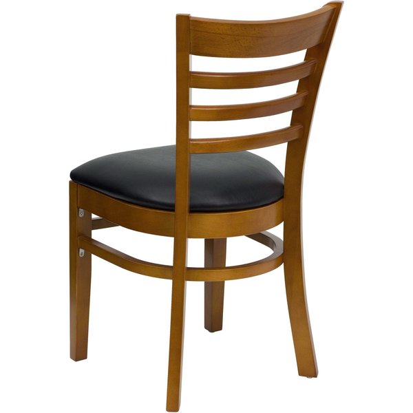 Ladder Back Cherry Wood Restaurant Chair, Black Vinyl Seat, PK2