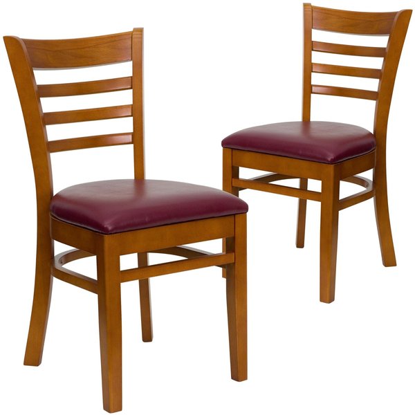 Ladder Back Cherry Wood Restaurant Chair, Burgundy Vinyl Seat, PK2