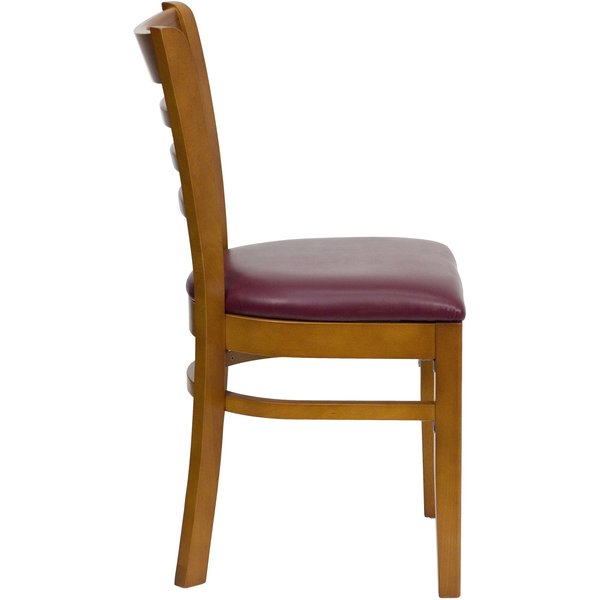 Ladder Back Cherry Wood Restaurant Chair, Burgundy Vinyl Seat, PK2
