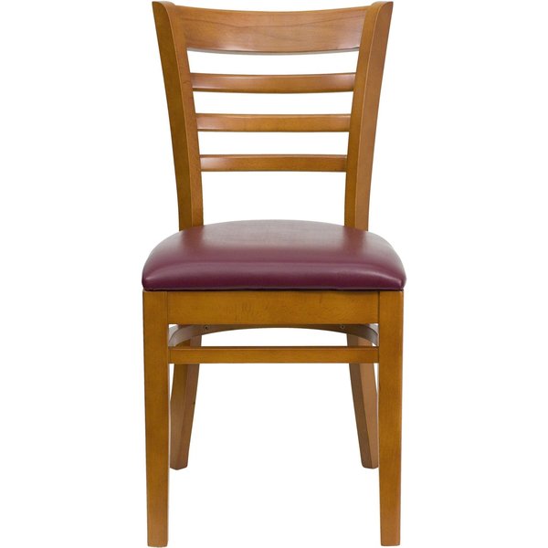 Ladder Back Cherry Wood Restaurant Chair, Burgundy Vinyl Seat, PK2