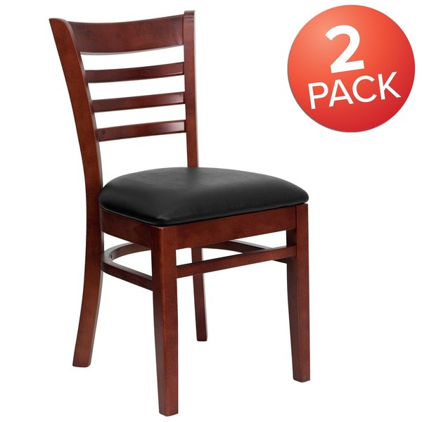 Ladder Back Mahogany Wood Restaurant Chair, Black Vinyl Seat, PK2