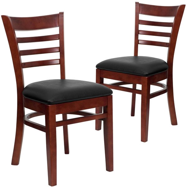Ladder Back Mahogany Wood Restaurant Chair, Black Vinyl Seat, PK2