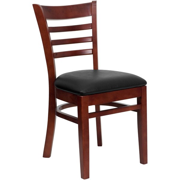 Ladder Back Mahogany Wood Restaurant Chair, Black Vinyl Seat, PK2
