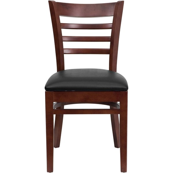 Ladder Back Mahogany Wood Restaurant Chair, Black Vinyl Seat, PK2