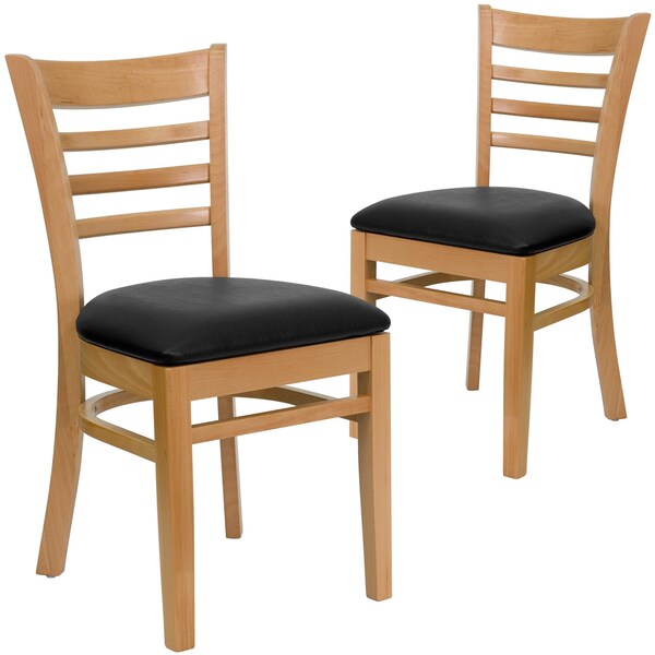 Ladder Back Natural Wood Restaurant Chair, Black Vinyl Seat, PK2