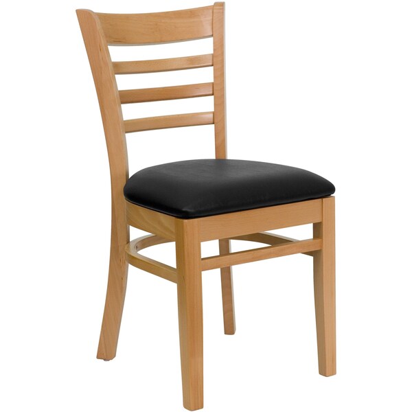 Ladder Back Natural Wood Restaurant Chair, Black Vinyl Seat, PK2
