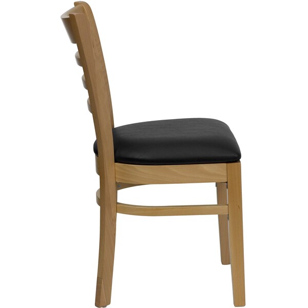 Ladder Back Natural Wood Restaurant Chair, Black Vinyl Seat, PK2