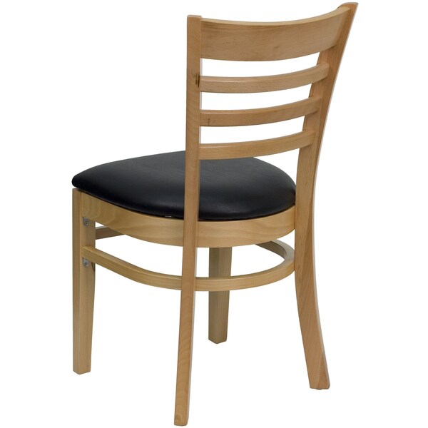 Ladder Back Natural Wood Restaurant Chair, Black Vinyl Seat, PK2