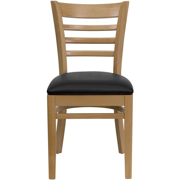 Ladder Back Natural Wood Restaurant Chair, Black Vinyl Seat, PK2