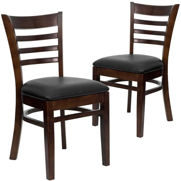 Ladder Back Walnut Wood Restaurant Chair, Black Vinyl Seat, PK2