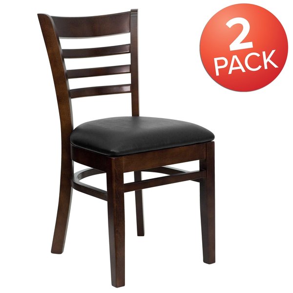Ladder Back Walnut Wood Restaurant Chair, Black Vinyl Seat, PK2