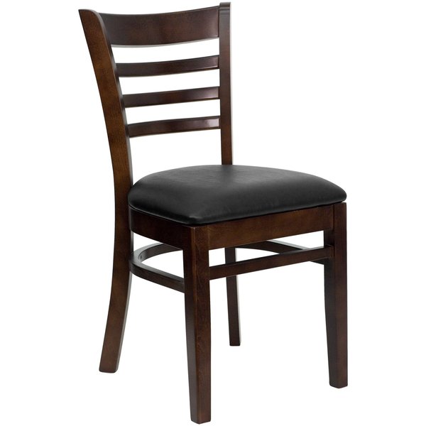 Ladder Back Walnut Wood Restaurant Chair, Black Vinyl Seat, PK2