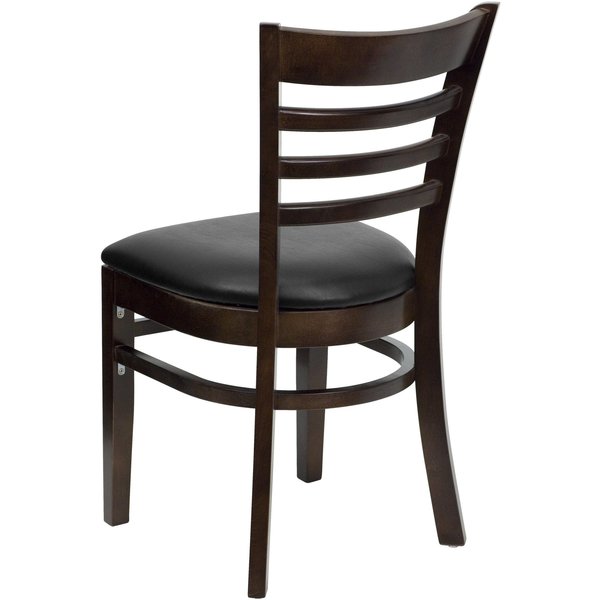 Ladder Back Walnut Wood Restaurant Chair, Black Vinyl Seat, PK2