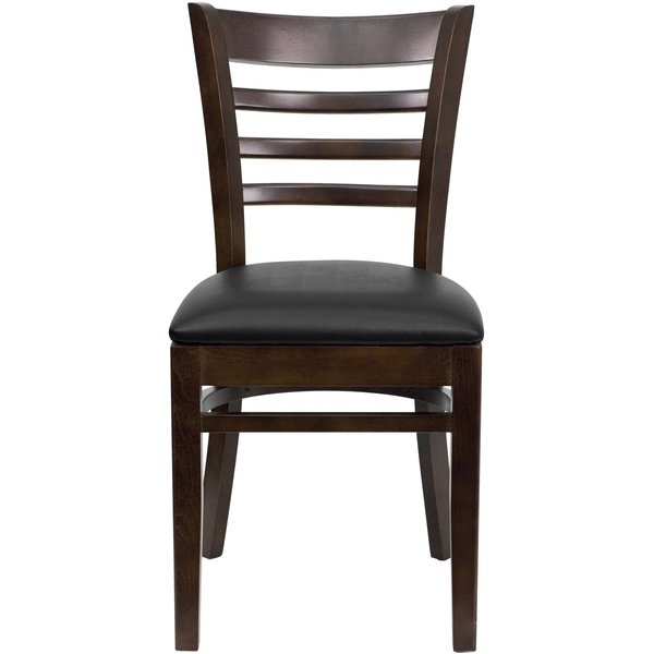 Ladder Back Walnut Wood Restaurant Chair, Black Vinyl Seat, PK2