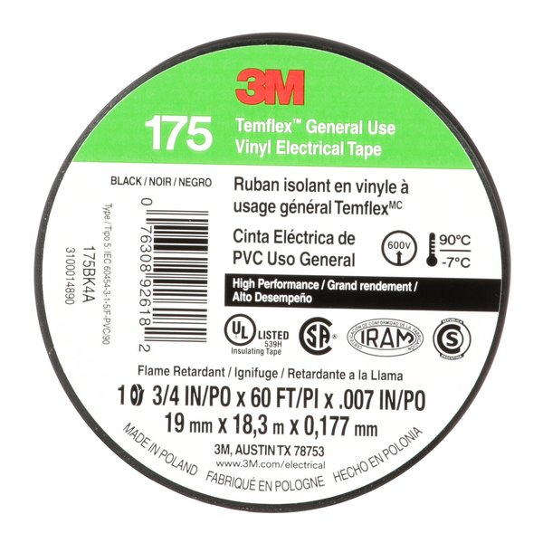 Elec Tape, 60 ft Lx3/4 in W, 7 mil, Black