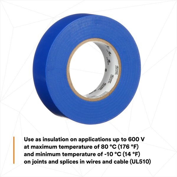 Vinyl Electrical Tape, 165, Temflex, 3/4 in W x 60 ft L, 6 mil thick, Blue, 1 Pack
