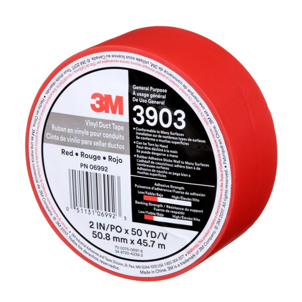 Duct Tape, 2 In x 50 yd, 6.5 mil, Red, Vinyl