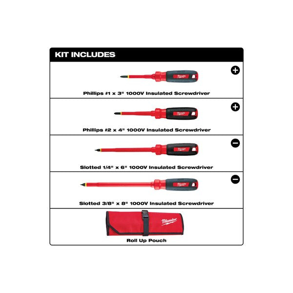 4 PC 1000V Insulated Screwdriver Set w/ Roll Pouch