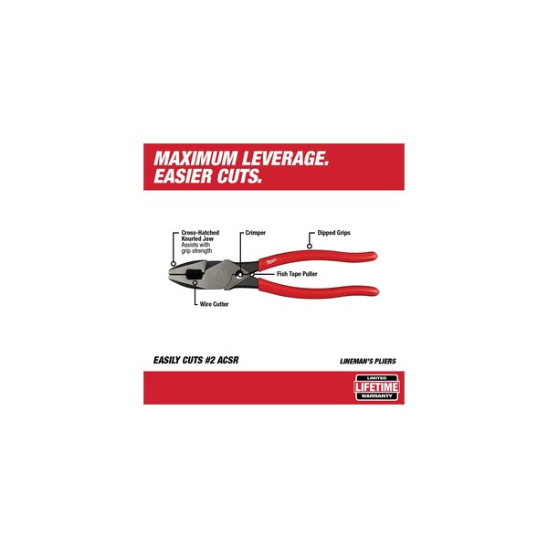 9 in Linemans Plier High Leverage w/ Wire Crimper, Steel