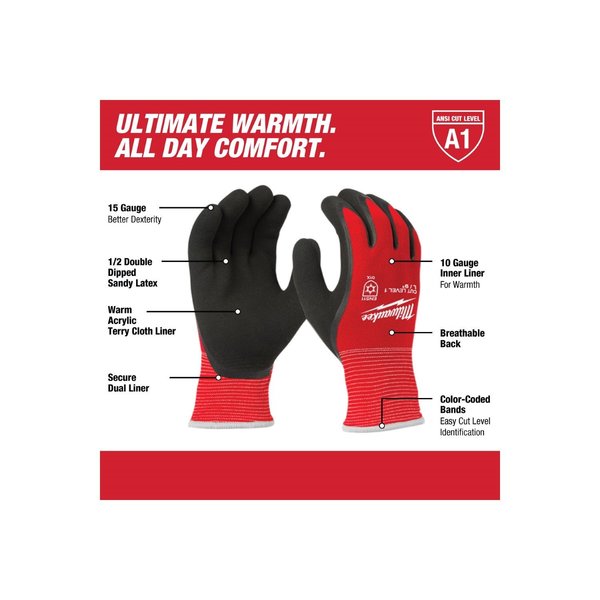 Level 1 Cut Resistant Latex Dipped Insulated Winter Gloves - Medium (12 pair)