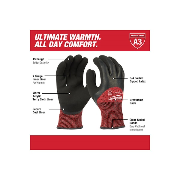 Level 3 Cut Resistant Latex Dipped Insulated Winter Gloves - 2X-Large