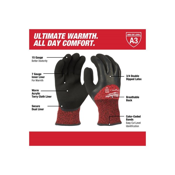 Level 3 Cut Resistant Latex Dipped Insulated Winter Gloves - Small