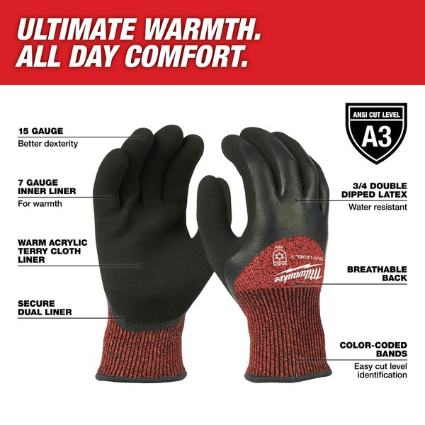 Level 3 Cut Resistant Latex Dipped Insulated Winter Gloves - X-Large
