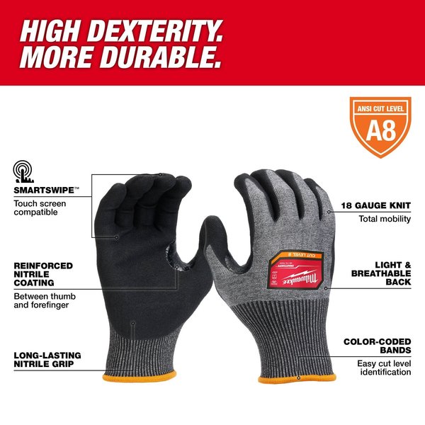 Level 8 Cut Resistant High-Dexterity Nitrile Dipped Gloves - Small (12 pair)