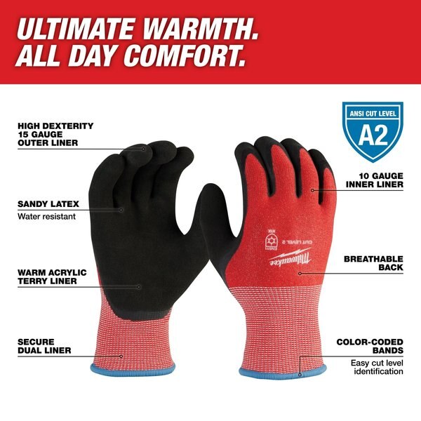 Level 2 Cut Resistant Latex Dipped Winter Insulated Gloves - Small (12 pair)