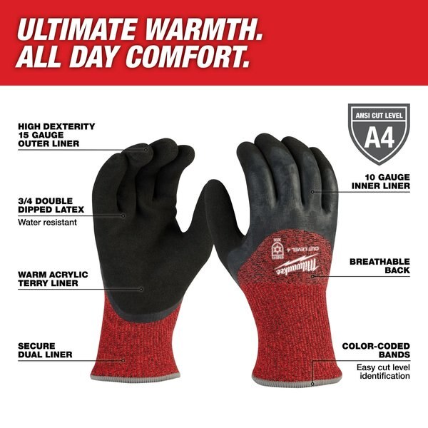 Level 4 Cut Resistant Latex Dipped Winter Insulated Gloves - Large (12 pair)