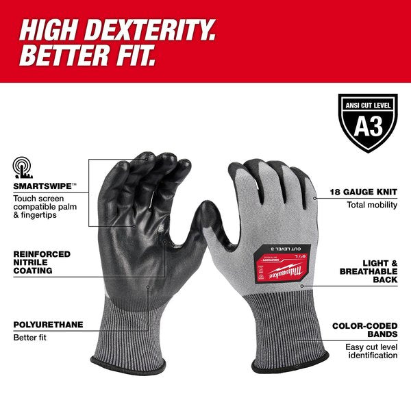 Level 3 Cut Resistant High Dexterity Polyurethane Dipped Gloves - Large