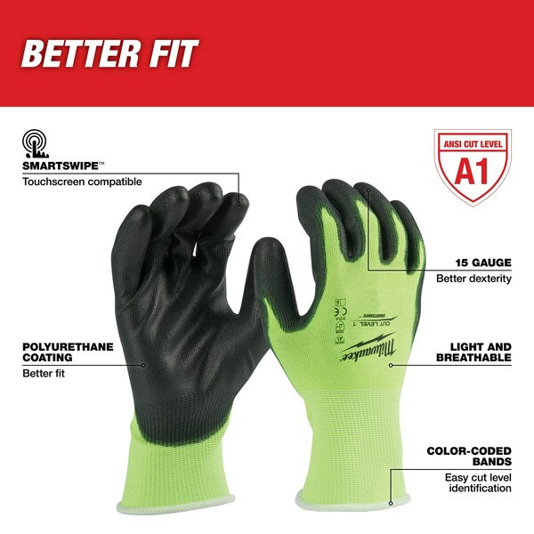 Level 1 Cut Resistant High Visibility Polyurethane Dipped Gloves - Large (12 pair)