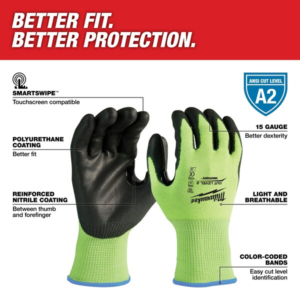 12 Pair High Visibility Cut Level 2 Polyurethane Dipped Gloves - XXL