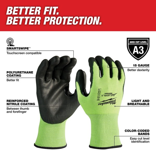 High Visibility Cut Level 3 Polyurethane Dipped Gloves - XXL