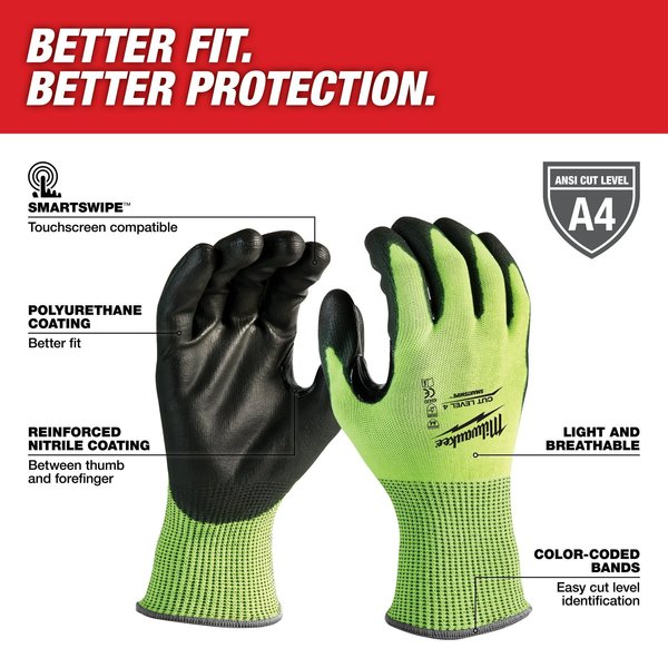 12PK High Visibility Cut Level 4 Polyurethane Dipped Gloves - M