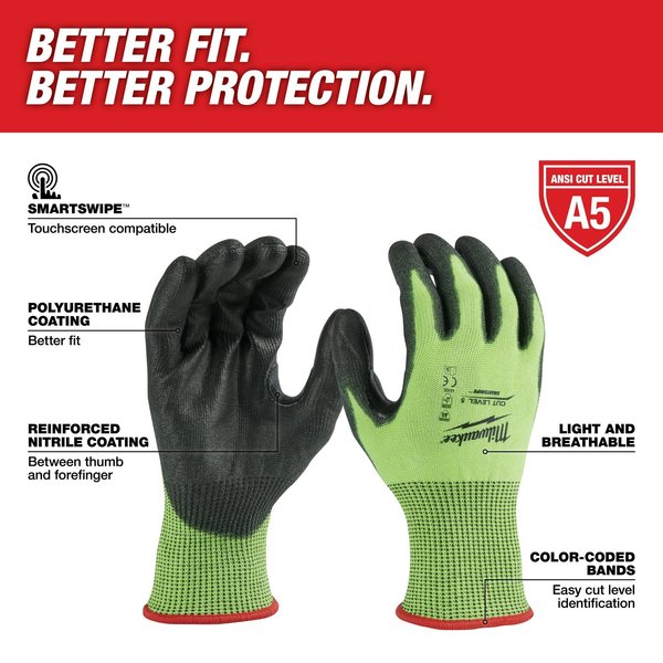 Level 5 Cut Resistant High Visibility Polyurethane Dipped Gloves - Large (12 pair)