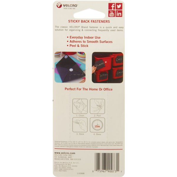 Reclosable Fastener Shape, Square, Rubber Adhesive, 7/8 in, 7/8 in Wd, White, 12 PK