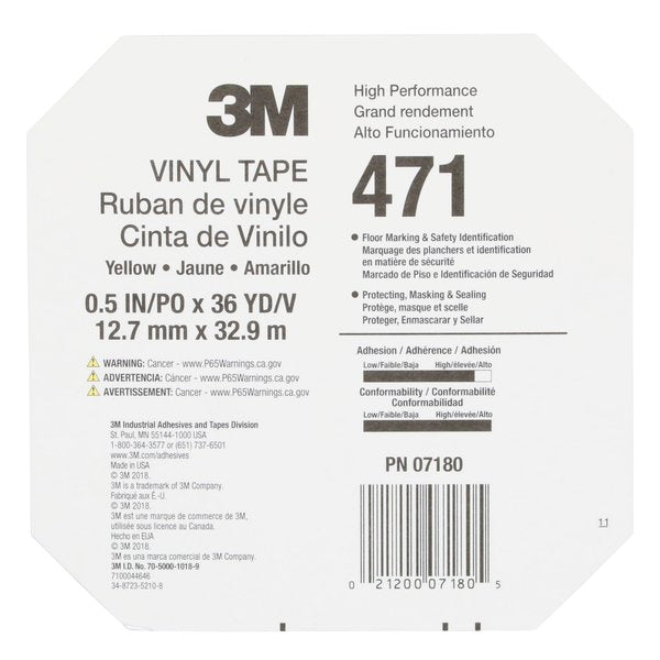 Vinyl Tape 471, Yellow, 1/2